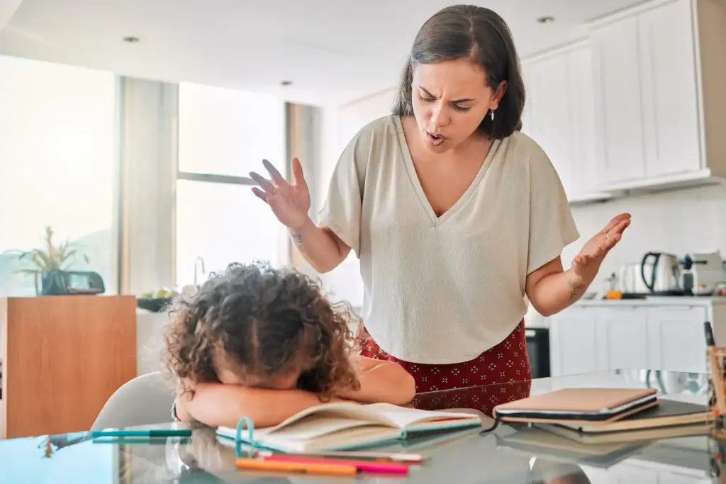 Autism, frustrated and bad mental health behavior by child and frustrated mother during homework. A