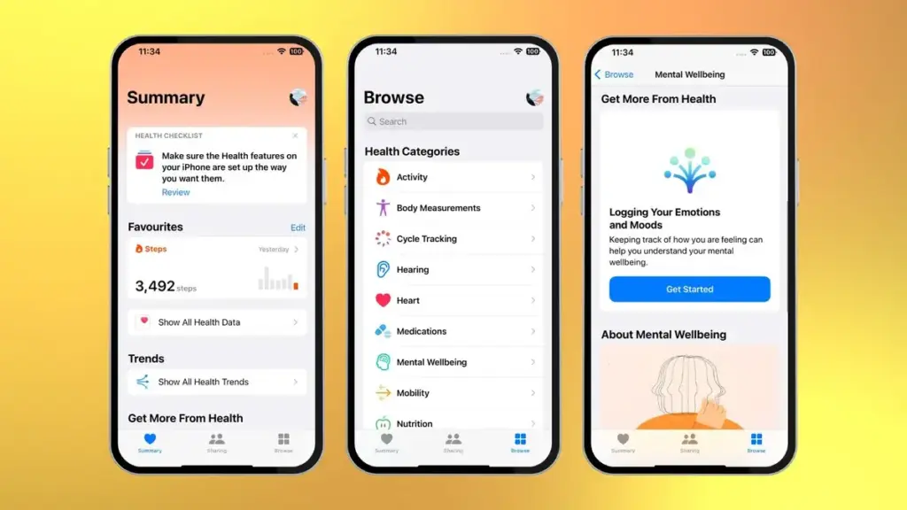 Three smartphones display different screens of a health app: a summary with data and tips, a health categories browse menu, and a mental wellbeing section about logging emotions and moods. STG-Health