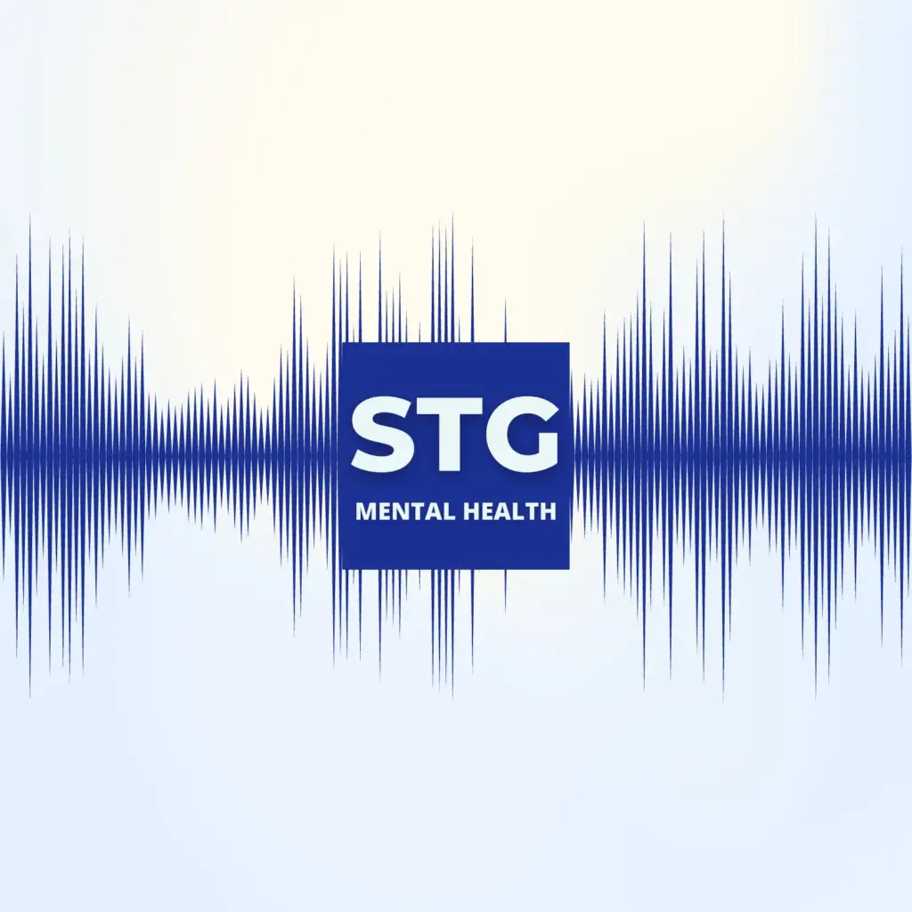 Blue soundwave pattern with a central blue square containing the text STG MENTAL HEALTH in white, set against a light background. STG-Health