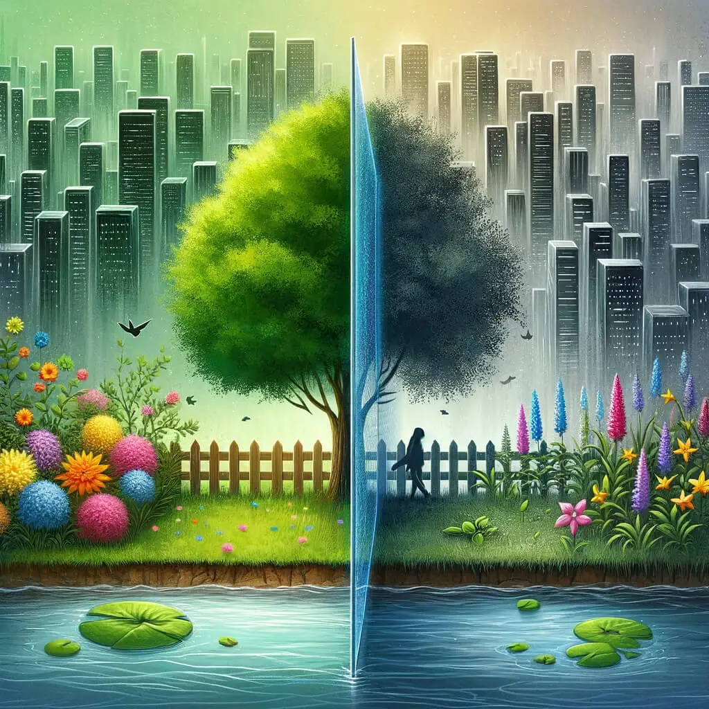 A vibrant, colorful garden with flowers and a tree contrasts sharply with a gray, shadowy cityscape of tall buildings, divided down the middle by a reflective barrier beside a pond. STG-Health