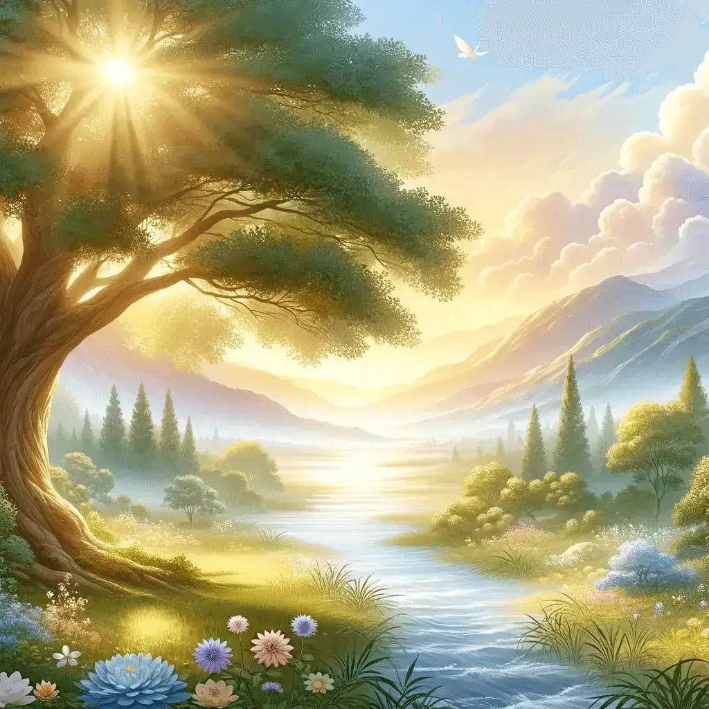 A sunlit landscape with a large tree by a flowing river, wildflowers in the foreground, mountains in the distance, and a bright sky dotted with clouds and a flying bird. STG-Health