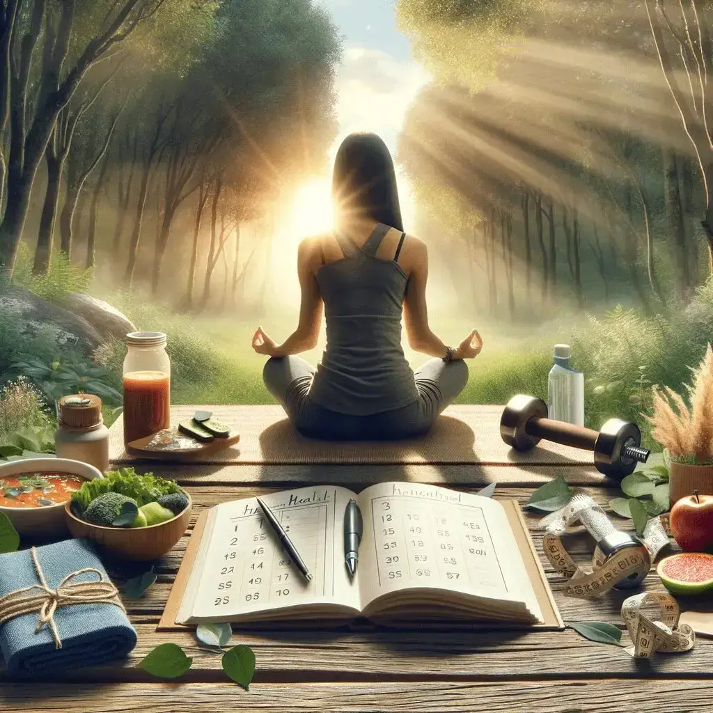 A woman meditates outdoors at sunrise, surrounded by healthy food, a journal, dumbbells, and wellness items, symbolizing balance and a healthy lifestyle in nature. STG-Health