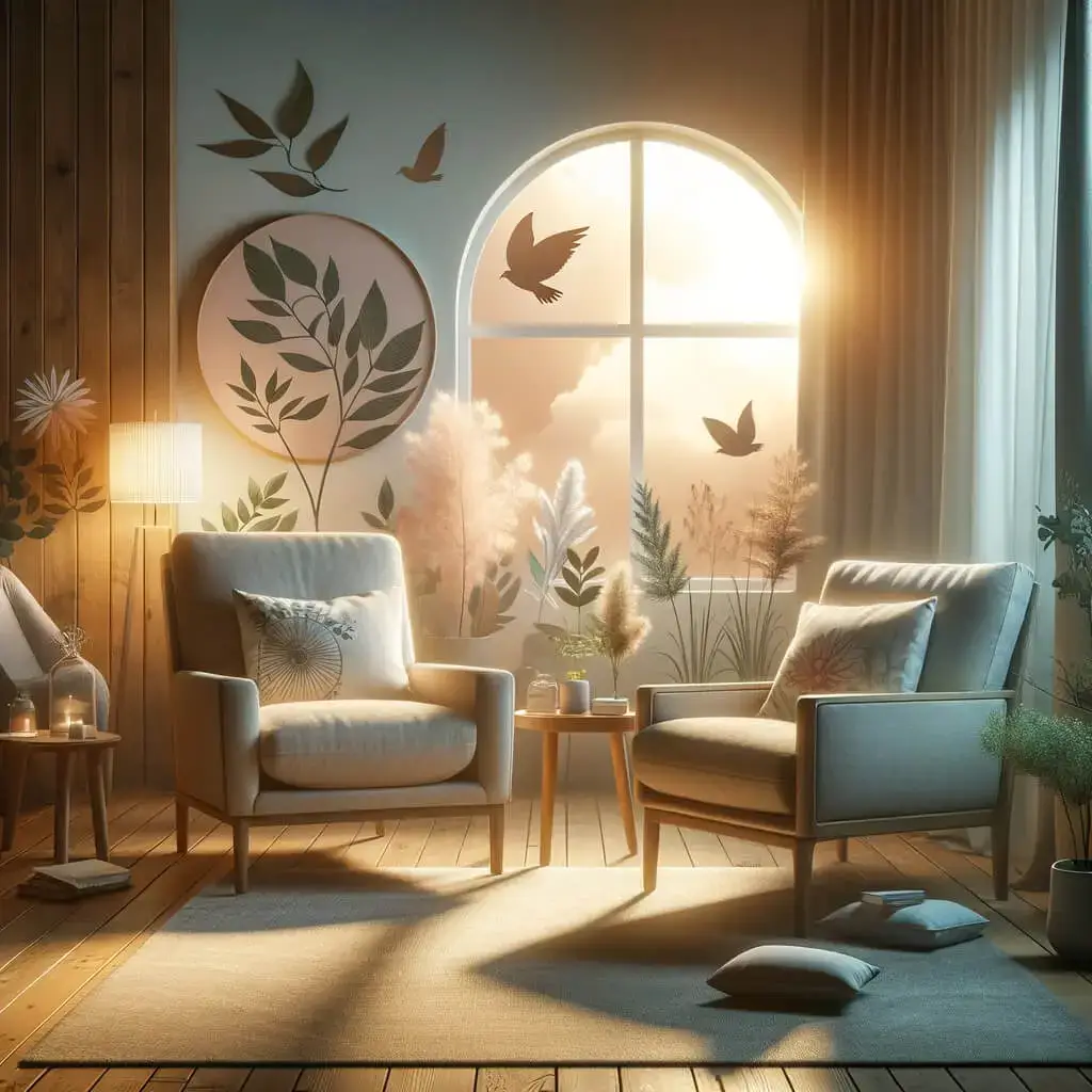 A cozy living room with soft sunlight streaming through an arched window, two armchairs, plants, wall art of leaves and birds, and a calm, inviting atmosphere. Light wood floors and neutral decor create a warm space. STG-Health
