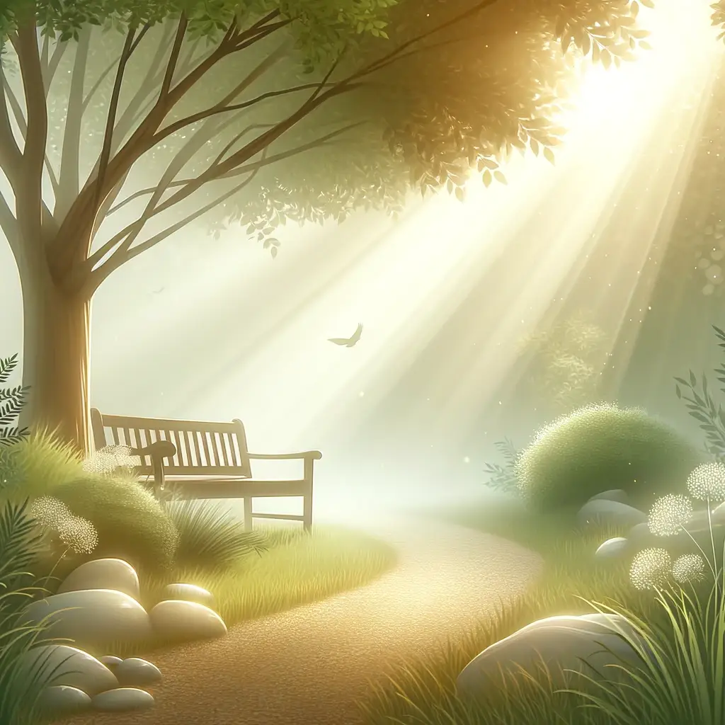 A sunlit garden path with a wooden bench under a tree, surrounded by lush bushes, rocks, and grass. Sun rays stream through the leaves, and a bird is flying in the soft, misty light. STG-Health