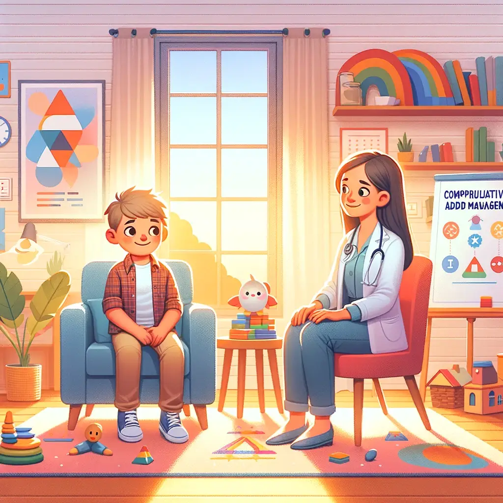 A young boy sits with a female doctor in a bright, colorful office decorated with toys, books, and educational posters. Sunlight streams through a window, creating a warm and welcoming atmosphere. STG-Health
