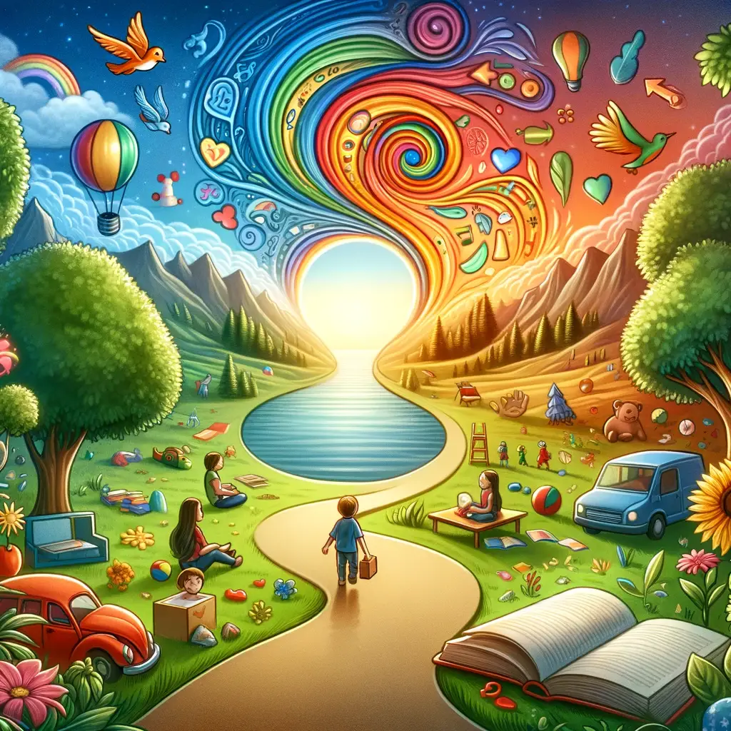 A child walks on a winding path toward a bright horizon, surrounded by vibrant trees, books, toys, and playful people, with colorful swirls and whimsical symbols filling a split sky of day and night. STG-Health