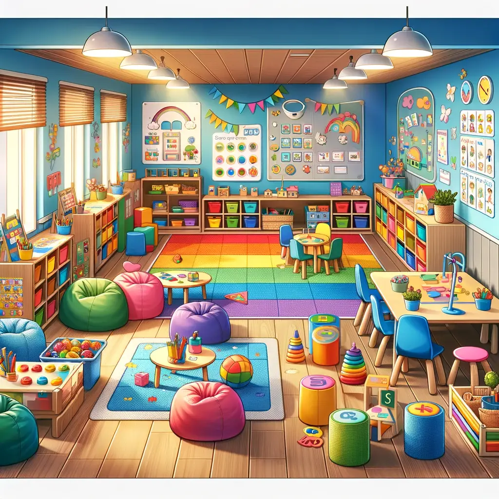 A colorful, organized preschool classroom with rainbow rugs, bean bags, child-sized tables and chairs, educational toys, bookshelves, and learning posters covering the walls. Sunlight streams through large windows. STG-Health