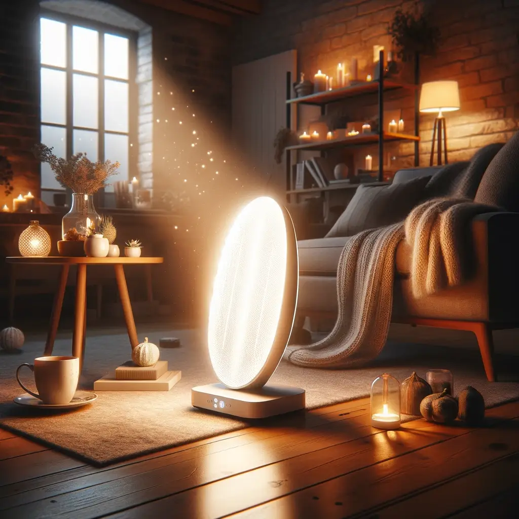 A bright sun lamp glows in a cozy living room decorated with candles, pumpkins, and soft blankets. Warm light fills the space, creating a comfortable autumn or winter atmosphere near a window and wooden furniture. STG-Health