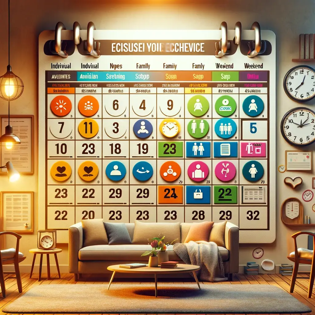 A cozy living room with a large, colorful, oversized wall calendar featuring icons and text for daily activities and events. The space is warmly lit, with a sofa, armchair, lamps, and wall clocks visible. STG-Health