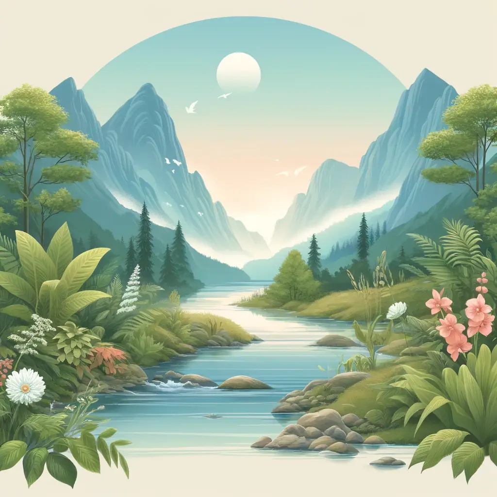 A serene, pastel-toned landscape featuring a river flowing between green, flower-filled banks, with tall mountains, trees, and a bright sun in the sky. Birds fly above, and mist lingers in the distant valley. STG-Health