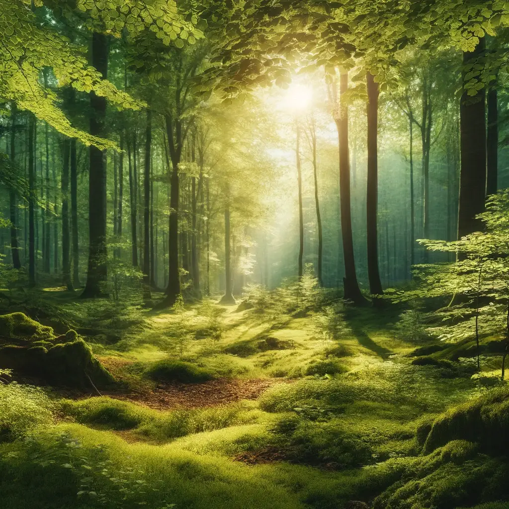 Sunlight filters through tall trees in a lush, green forest, illuminating a mossy ground and creating dappled shadows. The scene feels peaceful and vibrant, with soft light and dense foliage. STG-Health