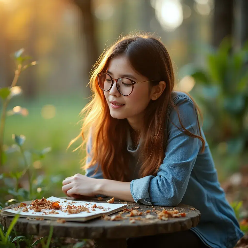 A young woman with long hair and glasses sits at a rustic outdoor table covered with fallen leaves, enjoying a peaceful moment in a sunlit, green forest setting. STG-Health