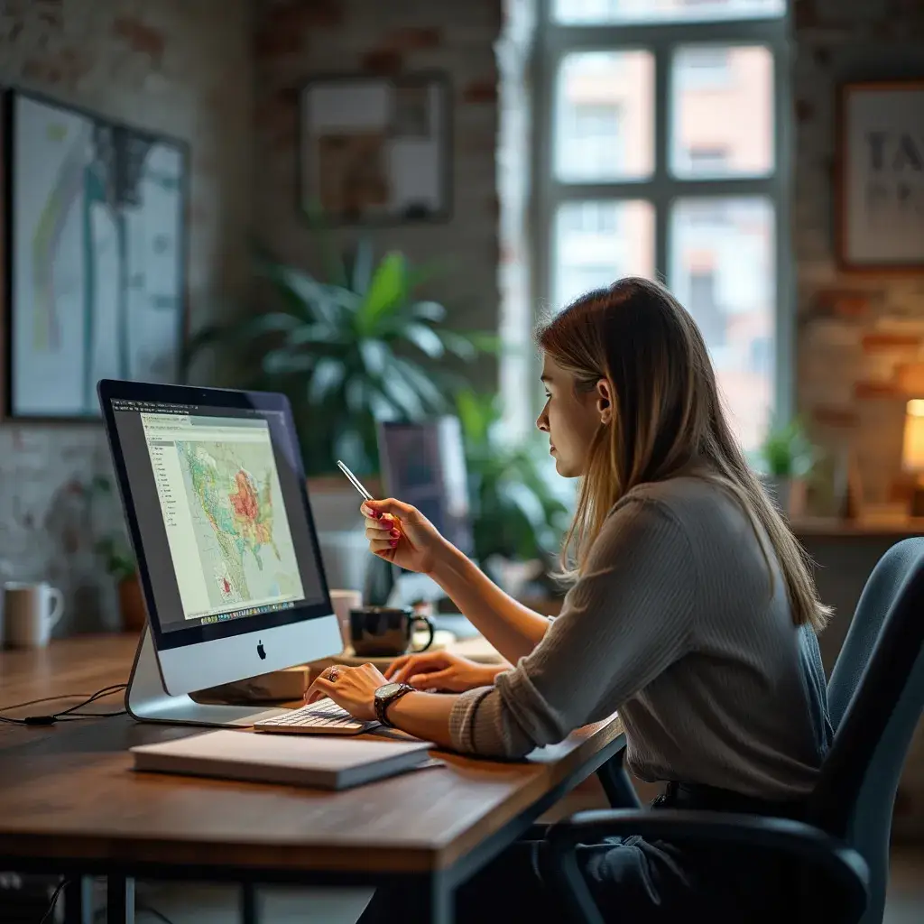 A woman sits at a desk in an office, analyzing a map with colorful data on a large computer monitor. She holds a pen and looks focused, surrounded by papers, plants, and a large window in the background. STG-Health