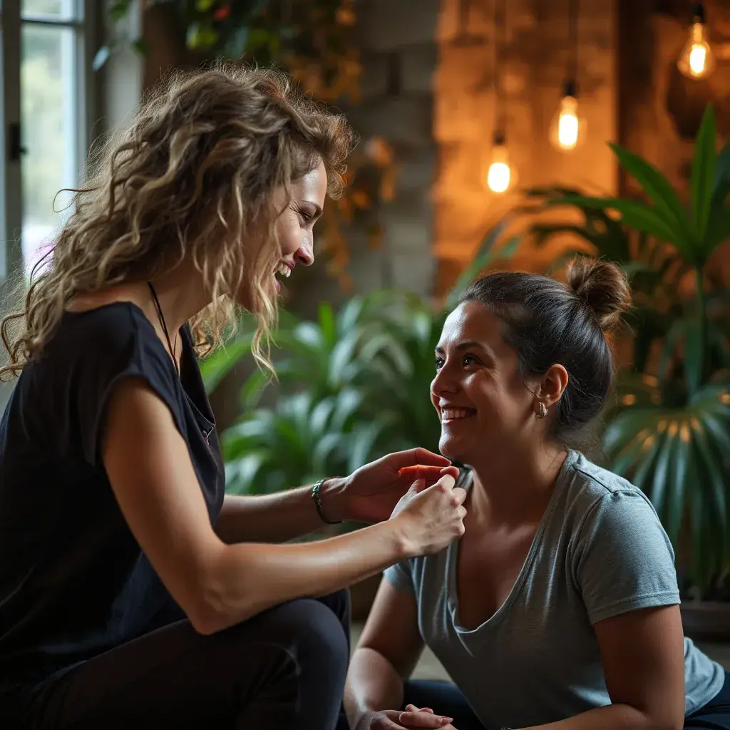 Two women sit indoors surrounded by green plants and warm hanging lights. One woman smiles and leans forward, holding the other’s hands, while the other looks up, smiling back. The setting feels cozy and friendly. STG-Health