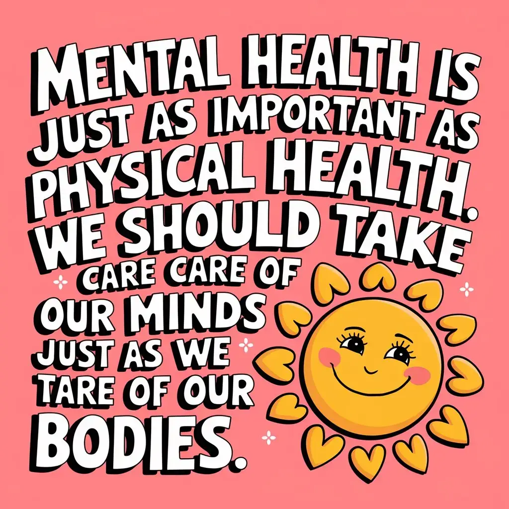 Pink background with bold text saying, Mental health is just as important as physical health. We should take care of our minds just as we take care of our bodies. Smiling sun illustration with hearts. STG-Health