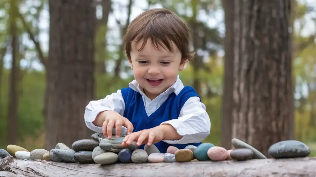 A young child wearing a blue vest and white shirt smiles while stacking smooth stones on a log in a forest with tall trees in the background. STG-Health