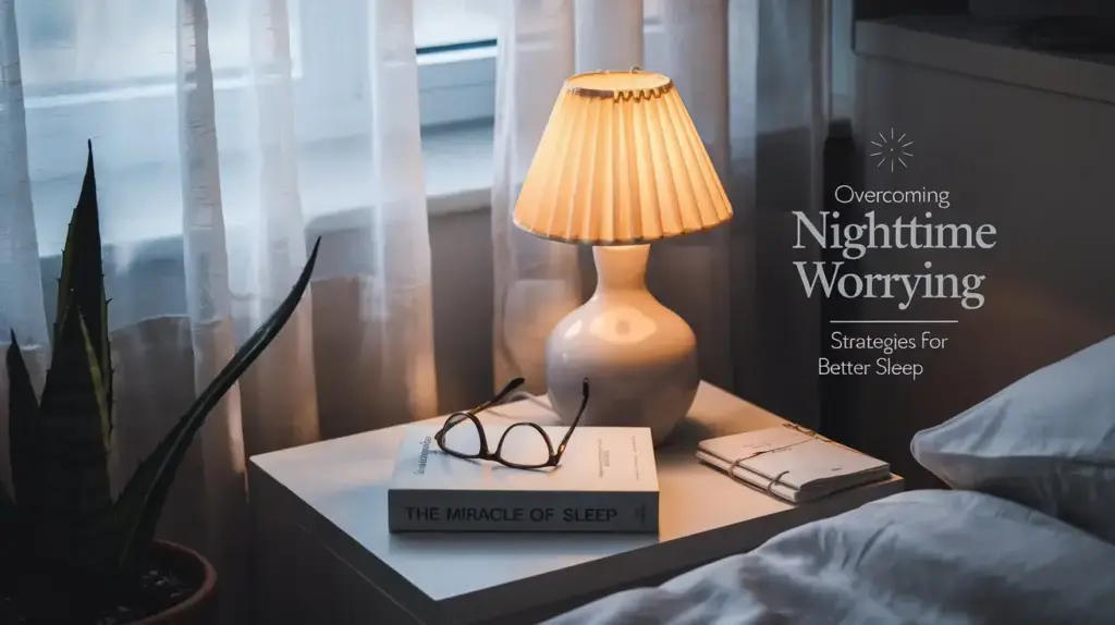 A cozy bedside table with a lamp, glasses, and a book titled The Miracle of Sleep sits next to a bed and a window with sheer curtains. Text on the image reads: Overcoming Nighttime Worrying: Strategies for Better Sleep. STG-Health