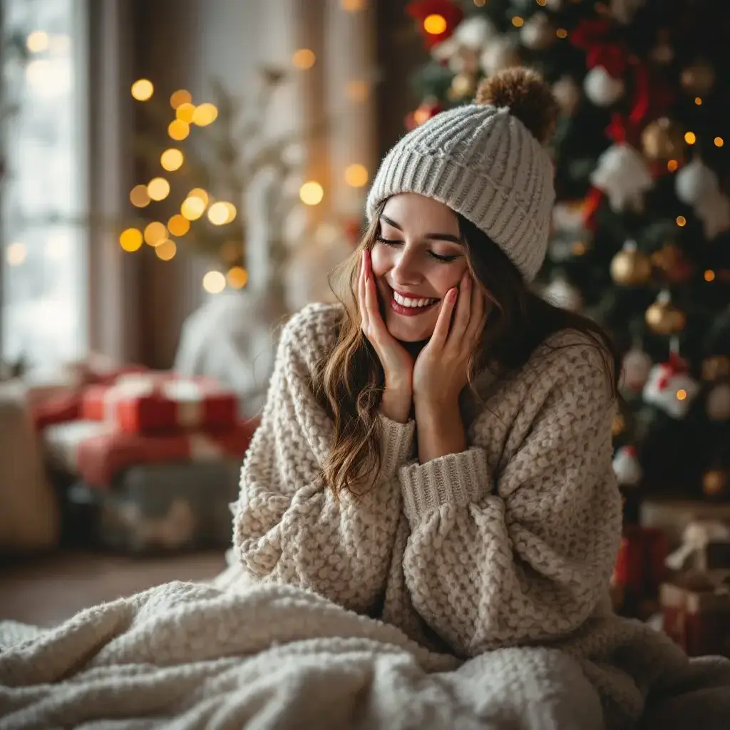 A smiling woman in a cozy knit sweater and beanie sits by a decorated Christmas tree with gifts underneath, surrounded by warm, festive lights. STG-Health