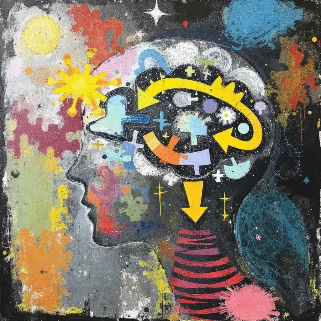 A colorful abstract painting of a human head in profile, filled with arrows, puzzle pieces, and symbols, representing thoughts and creativity, set against a textured, multicolored background. STG-Health