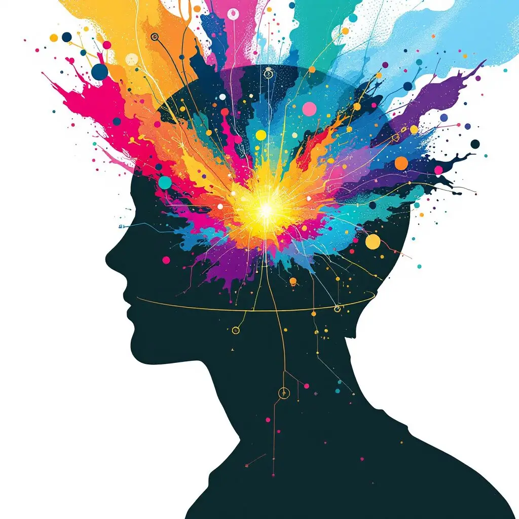 A black silhouette of a person’s head in profile is shown with a vibrant explosion of colorful paints and lines bursting from the brain area, symbolizing creativity and imaginative thinking. STG-Health