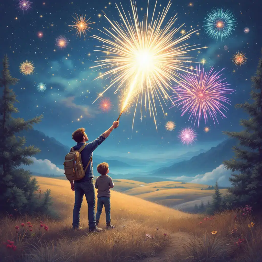 A man and child stand in a field at night, watching colorful fireworks burst in the starry sky. The man holds a sparkler upward, illuminating the landscape of grass, mountains, and wildflowers around them. STG-Health