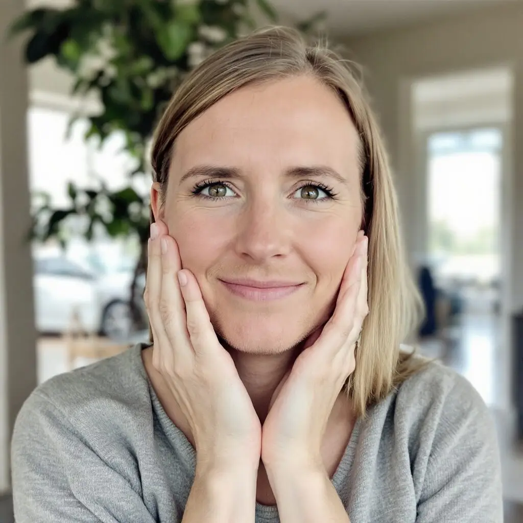 A woman with blonde hair smiles gently, resting her face in her hands. She wears a grey top and sits indoors with blurred plants and windows in the background. STG-Health