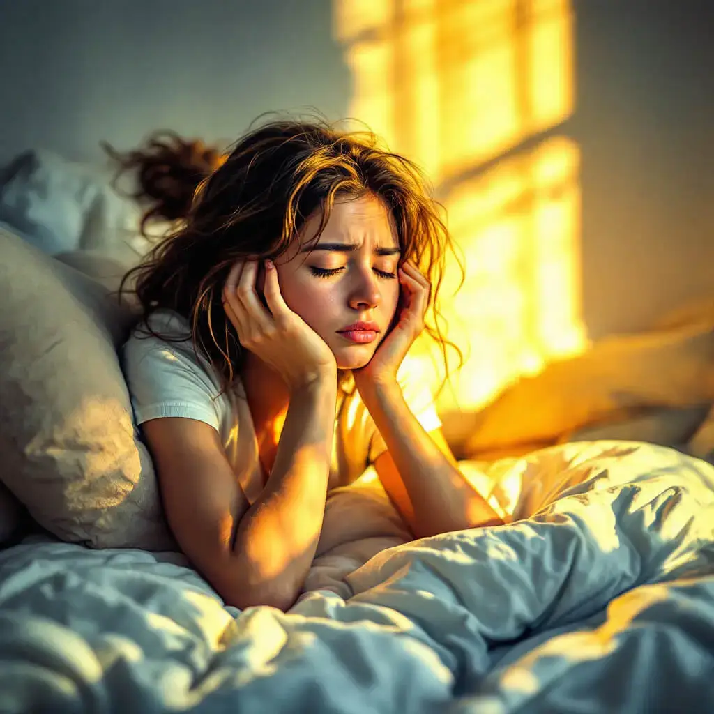 A young woman with tousled hair sits on a bed in soft morning sunlight, looking tired and stressed, with her hands on her face and eyes closed. The room is warmly lit by sunlight streaming through a window. STG-Health