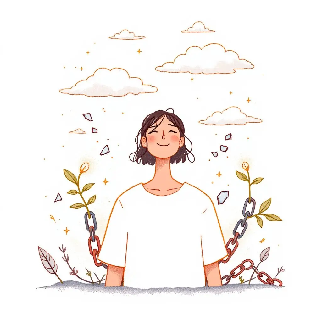 A smiling person stands with eyes closed, surrounded by broken chains and growing plants, symbolizing freedom and new beginnings under a sky with clouds and stars. STG-Health