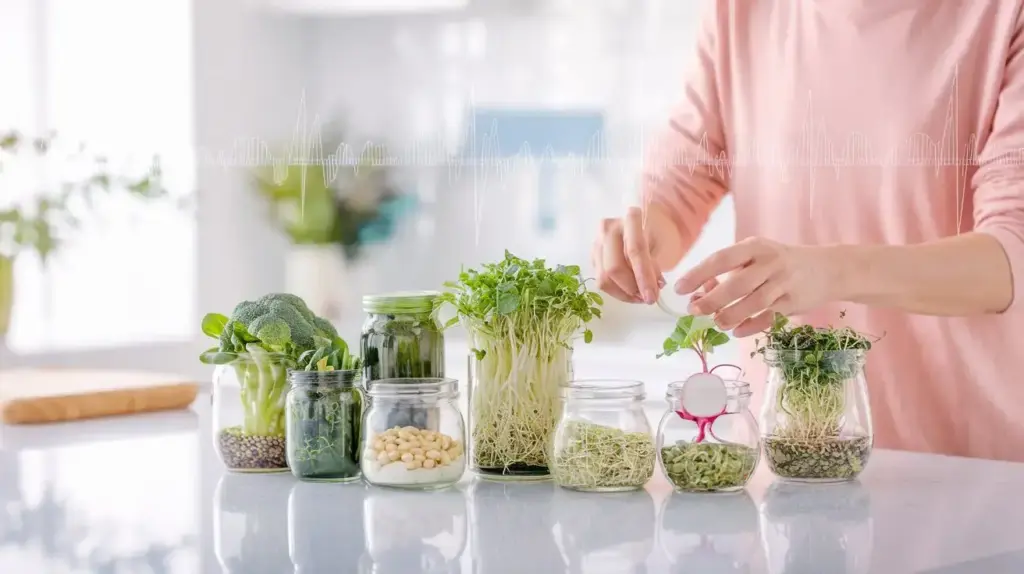 A person in a pink shirt tends to jars of various fresh microgreens and sprouts on a bright kitchen counter. The jars contain green leafy plants and beans in different stages of growth. STG-Health
