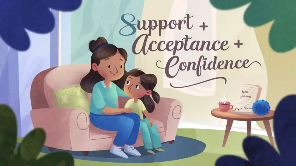 Illustration of a woman and a girl sitting on a couch, smiling at each other. The words Support + Acceptance + Confidence are written beside them. A side table holds a book, a cup, and a blue ball. STG-Health