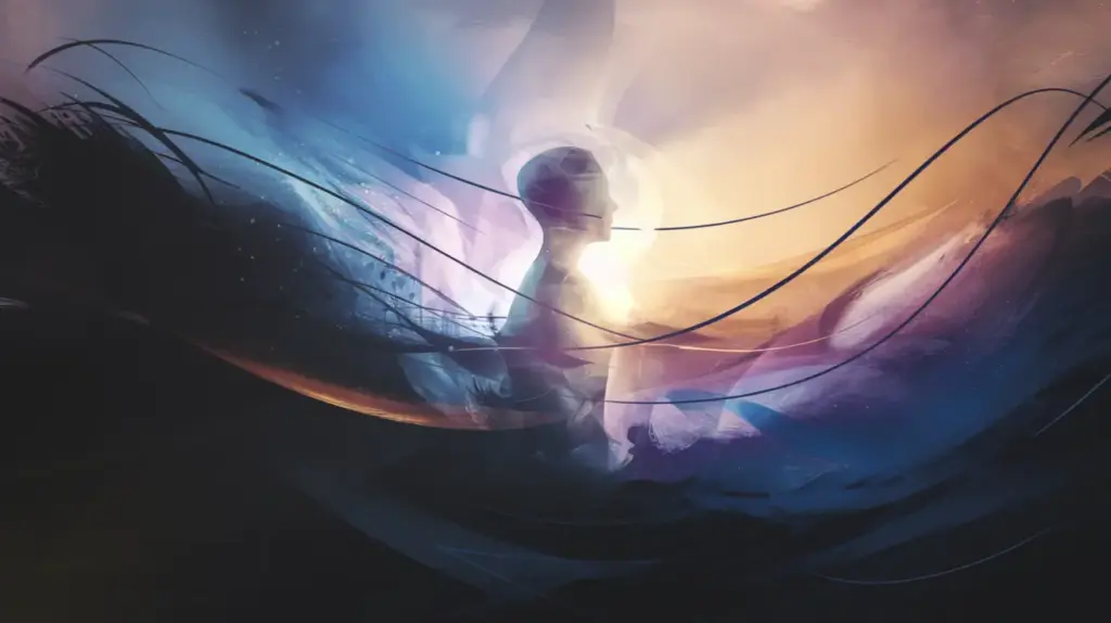 Abstract digital art of a silhouetted figure sitting in meditation, surrounded by swirling, colorful light trails in shades of blue, purple, and orange, creating a dreamlike, ethereal atmosphere. STG-Health
