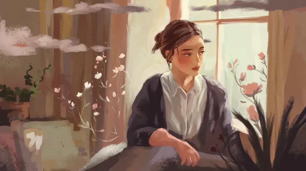 A digital painting of a woman with brown hair sits by a window, gazing outside. She wears a white blouse and dark sweater. Soft light, pink flowers, and whimsical clouds surround her in a dreamy, serene atmosphere. STG-Health