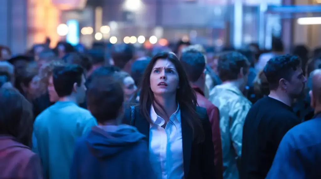 A young woman with long dark hair, wearing a white shirt and blazer, stands in a crowded street at night, looking up with a worried expression. Blue light illuminates the scene, with blurred people surrounding her. STG-Health