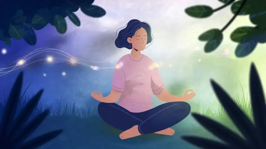 Illustration of a person meditating outdoors, sitting cross-legged on grass with eyes closed, surrounded by glowing lights and leafy branches in a serene, colorful setting. STG-Health