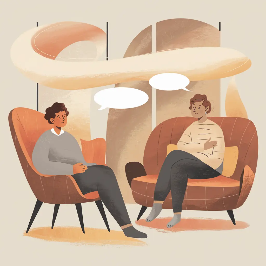 Two people sit facing each other in armchairs, engaged in conversation. Speech bubbles are above their heads, suggesting dialogue. The background features abstract shapes in neutral tones. STG-Health