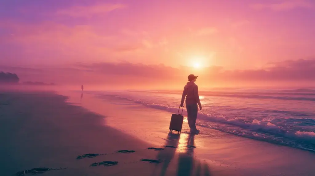 A person with a suitcase walks along a beach at sunrise or sunset, casting long shadows on the sand. The sky is painted in soft pink and orange hues, and gentle waves touch the shore. Another figure is visible in the distance. STG-Health