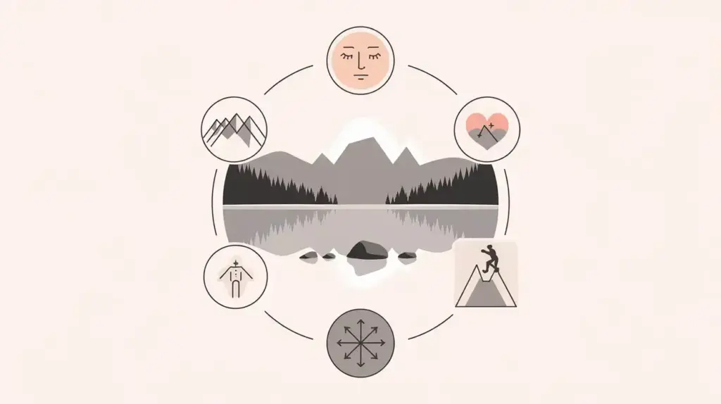 A minimalist illustration of a mountain landscape is surrounded by five circular icons: a calm face, two mountains, a heart with hands, a hiker, and a person with outward arrows, all connected in a circular flow. STG-Health