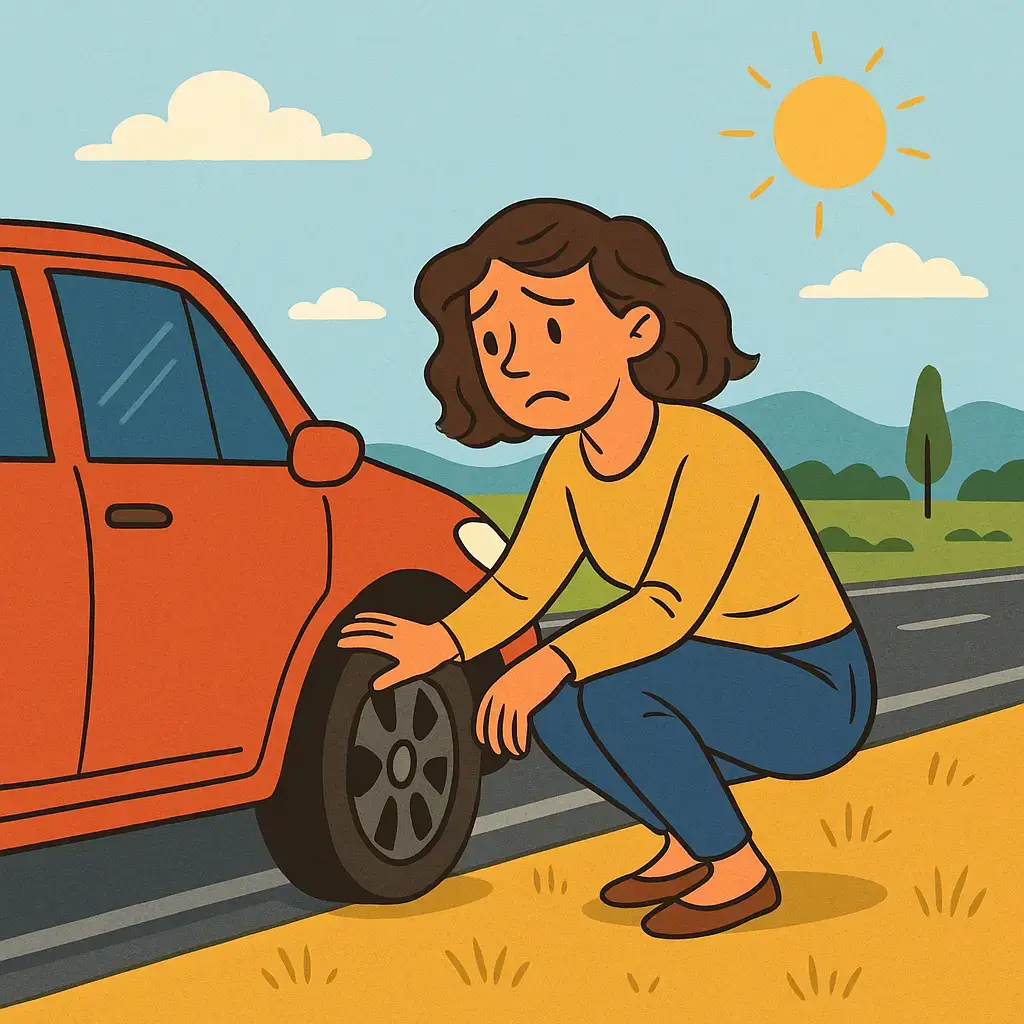 Illustration of a sad woman crouching next to a red car with a flat tire on a roadside under a sunny sky with clouds and green hills in the background. STG-Health