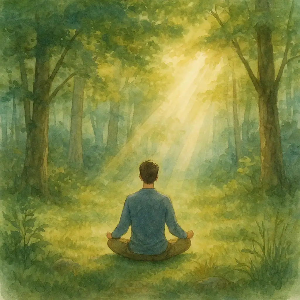 A person sits cross-legged, meditating in a sunlit forest clearing, surrounded by tall trees and greenery, with golden sunlight streaming through the branches. STG-Health