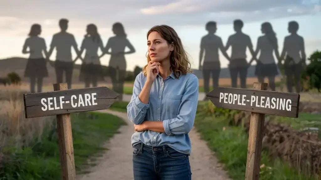 A woman stands at a crossroads between signs reading Self-Care and People-Pleasing, looking thoughtful. In the background, silhouettes of people holding hands are visible. The scene is set outdoors. STG-Health
