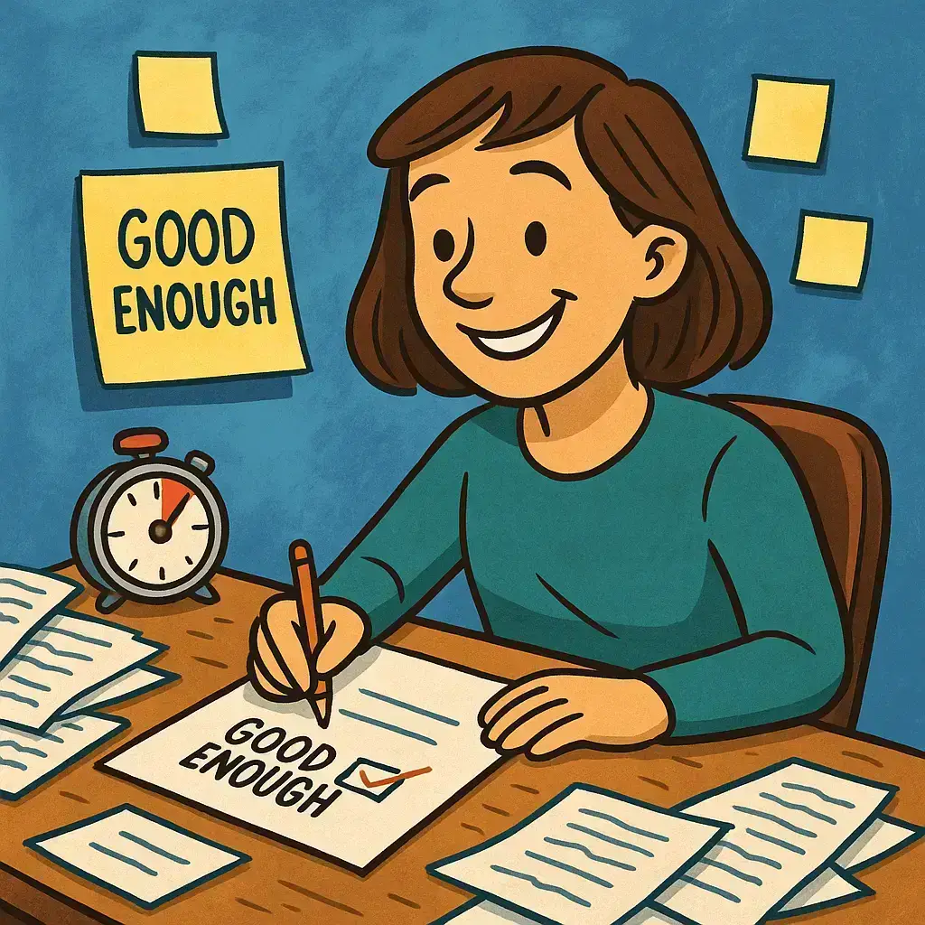 Cartoon of a smiling woman writing “GOOD ENOUGH” on a paper at her desk, surrounded by documents, sticky notes, a clock, and a large “GOOD ENOUGH” sign on the wall. STG-Health