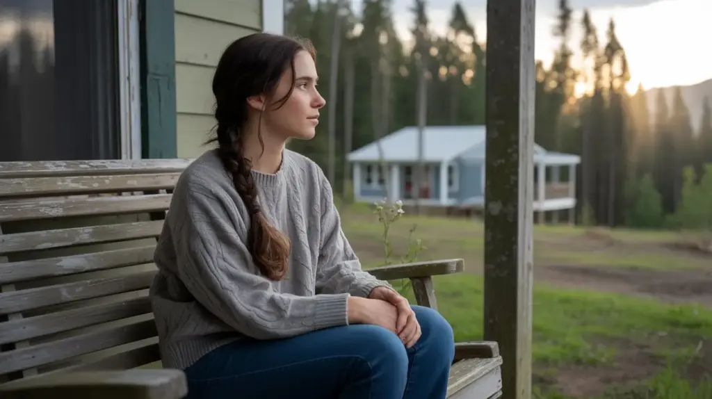 A young woman with a braid sits on a wooden porch swing, looking thoughtfully into the distance. She wears a gray sweater and jeans. In the background, there’s a green yard and a house among trees at sunset. STG-Health