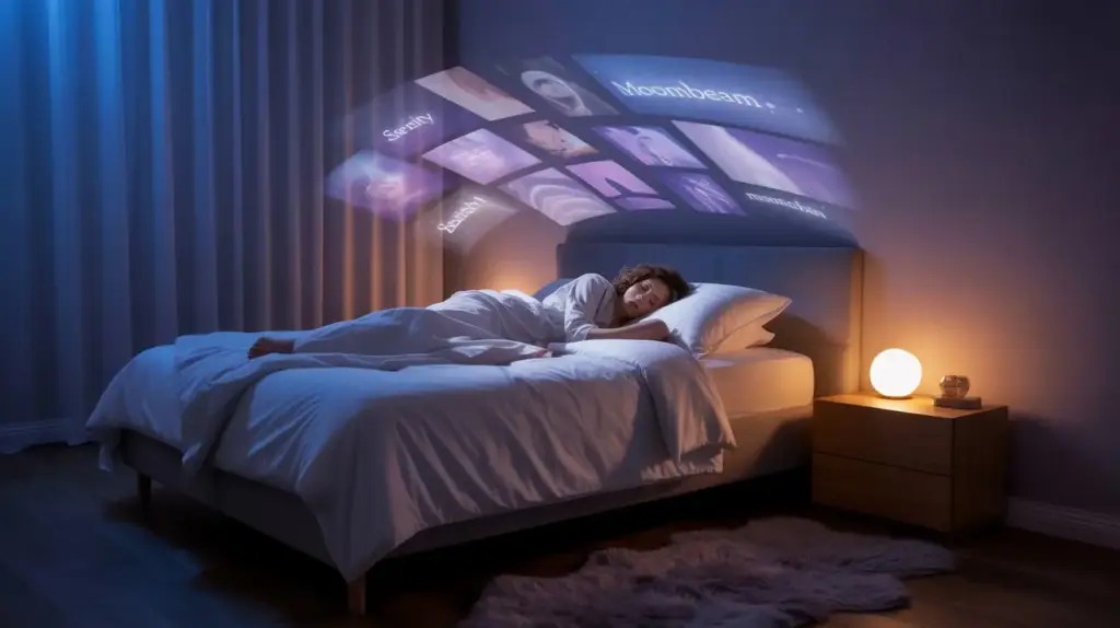 A woman sleeps peacefully in a dark bedroom, with a glowing orb on the nightstand and digital screens projected above her, displaying various relaxing words and images. STG-Health