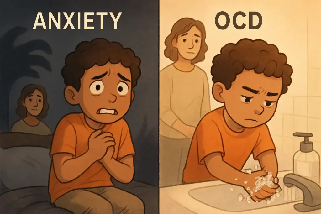 A split image: on the left, a boy with curled hands looks anxious in a dark room labeled Anxiety. On the right, the same boy washes his hands intensely at a sink labeled OCD, while a woman stands behind him. STG-Health