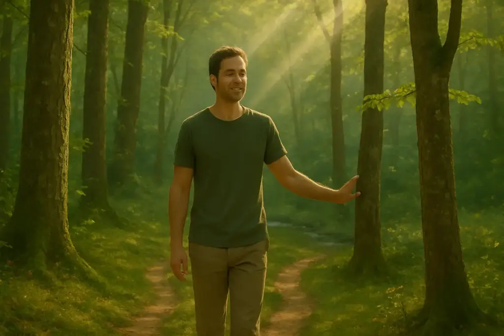 A man in a green shirt and beige pants walks along a sunlit forest path, smiling and gently touching a tree as rays of sunlight filter through the trees. STG-Health