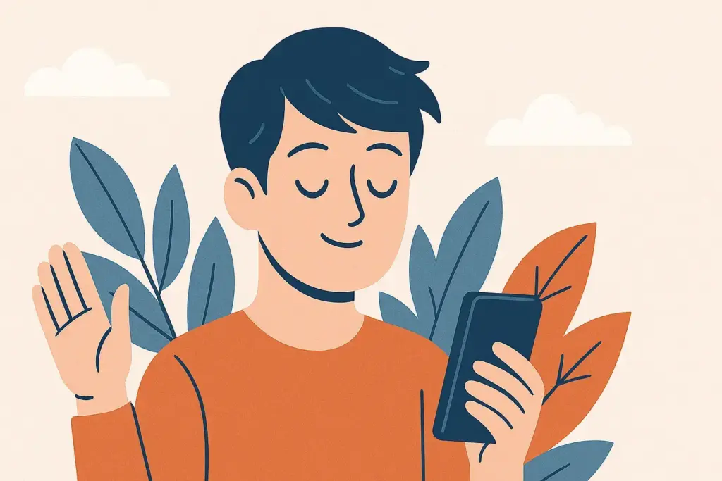 Illustration of a person with short dark hair holding a smartphone in one hand and waving with the other, smiling with eyes closed. Colorful leaves are in the background with clouds in the sky. STG-Health