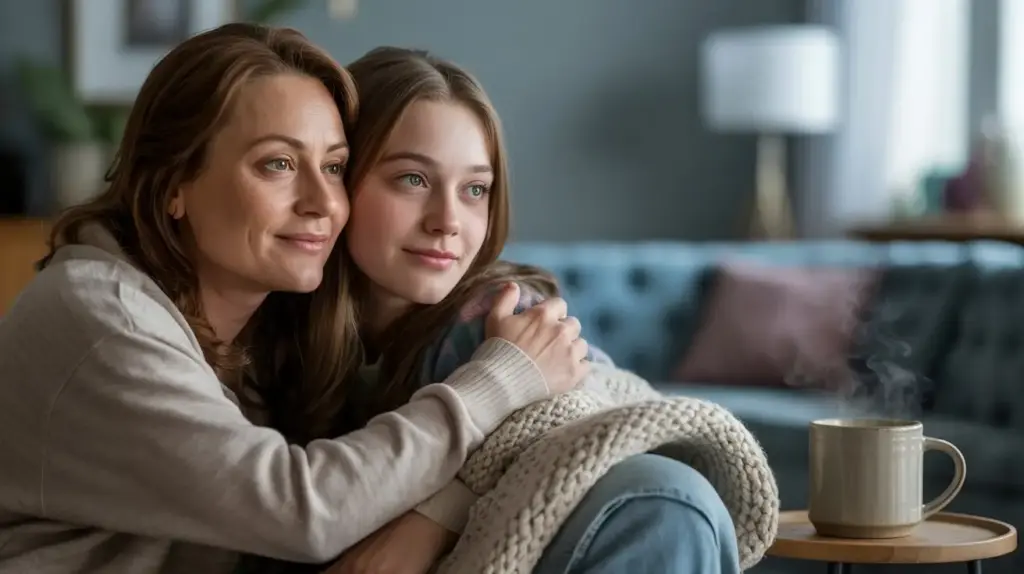 A woman and a teenage girl sit closely together on a couch, smiling gently and embracing. A steaming mug rests on a table in the foreground, and the room appears cozy and softly lit. STG-Health