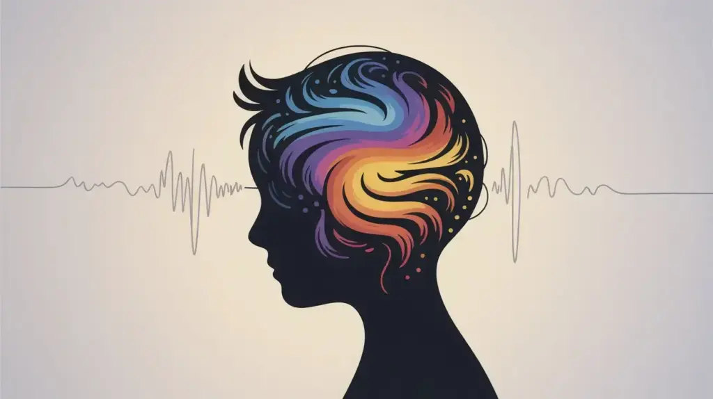 A silhouette of a childs head filled with colorful swirling patterns, symbolizing creativity and thoughts, with a wavy line resembling a brainwave in the background. STG-Health