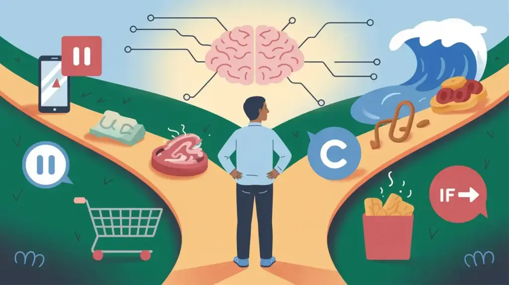 An illustration of a person standing at a forked path, facing a stylized brain. Each path is lined with symbols like a shopping cart, pause buttons, waves, food, and icons representing decisions and choices. STG-Health
