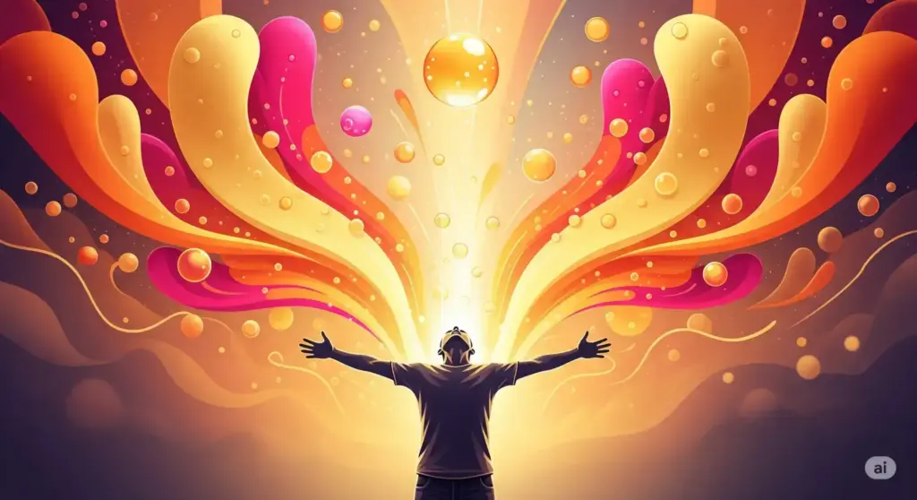 A person stands with arms outstretched, facing vibrant, abstract waves and orbs of orange, yellow, and pink light that radiate outward, creating a sense of energy and inspiration. STG-Health